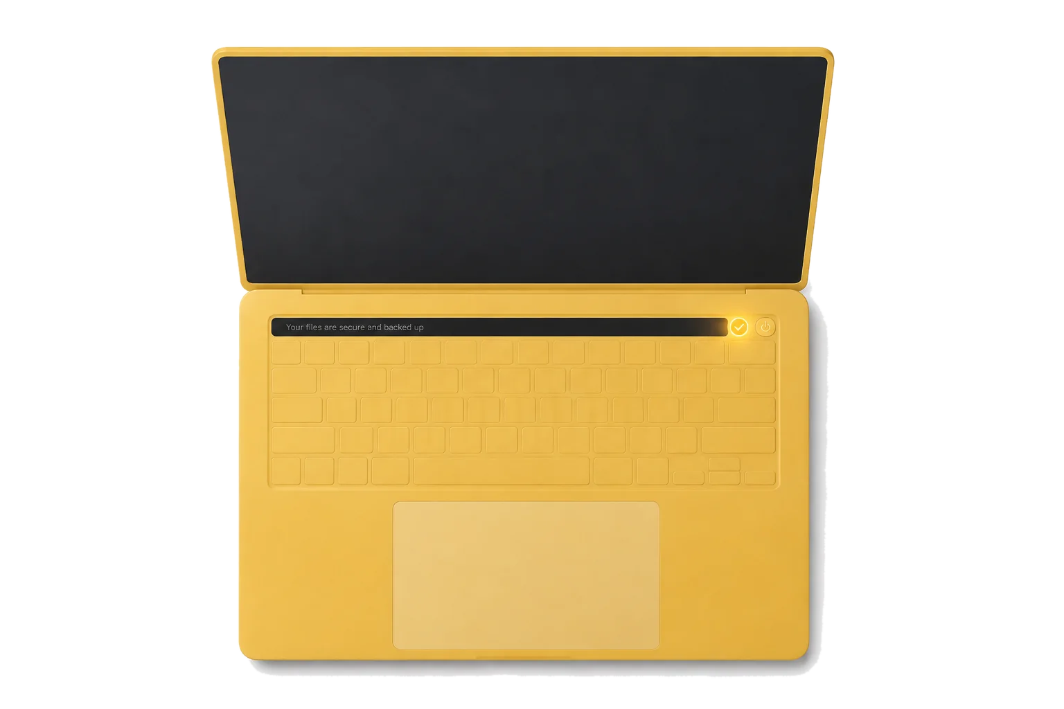 A yellow Bolt keyboard deck with the amber checkmark lit beside the power key